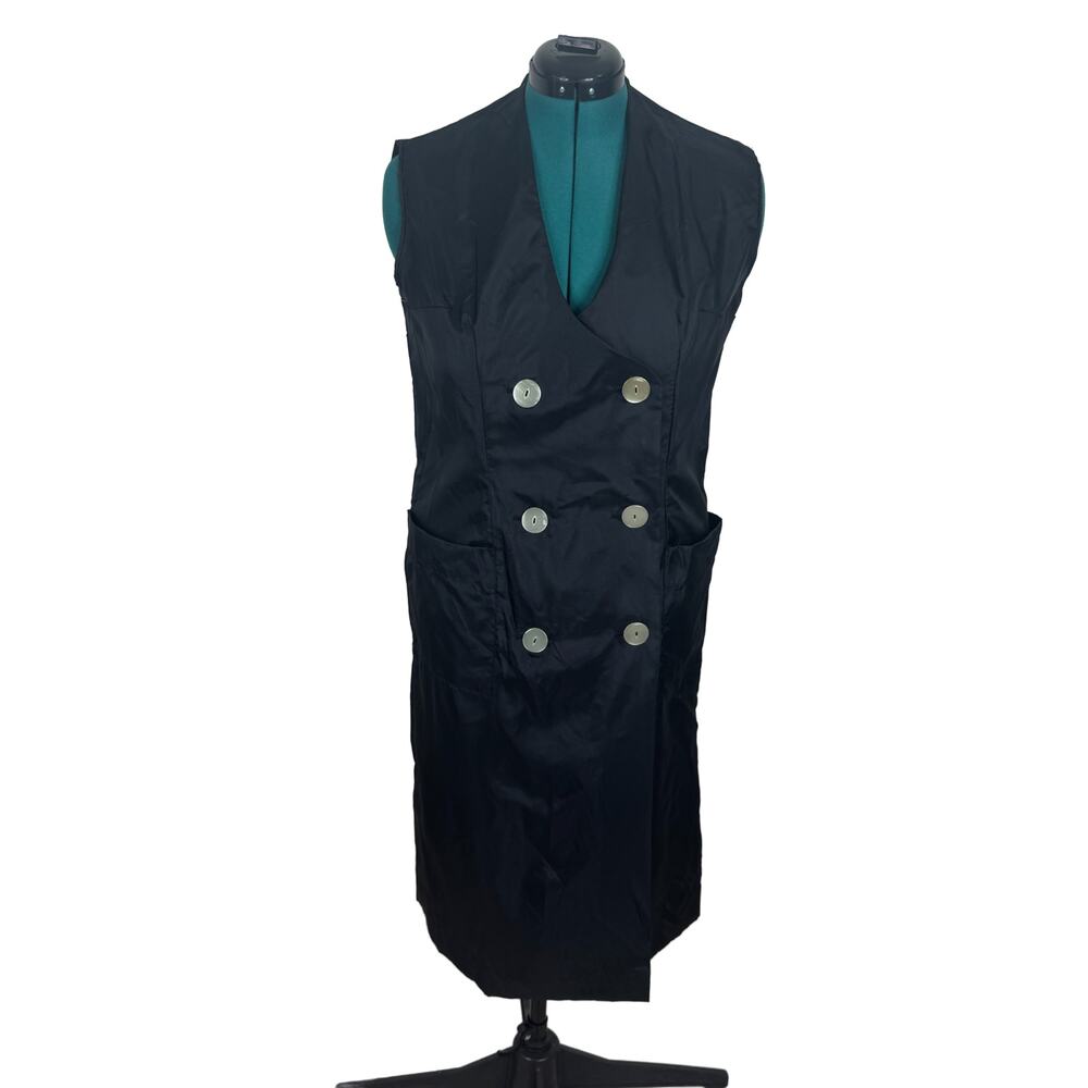 Vintage 1960s Black Nylon Smock Dress Classic Uniforms Double Breasted Pinafore
